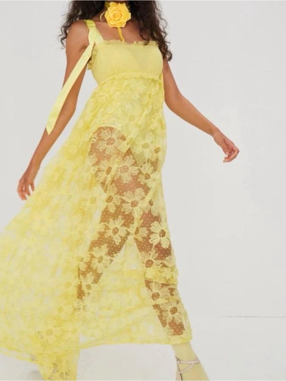 For Love And Lemons Yellow Floral Lace Maxi Dress with Tie Straps